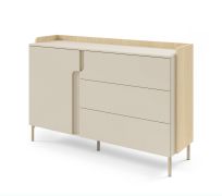 Ladekast / commode / kleur: Mavelie eiken / Macadamia / 1 draaideuren / 3 laden / 143 x 42 x 95 cm / push-to-open functie / metalen poten / voor in huis