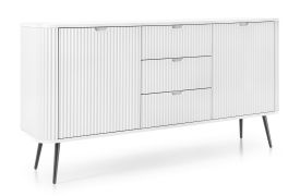Witte ladekast Makreb 07 met 3 lades, 87 x 168 x 39 cm, metalen poten in zwart, gefreesde front, Soft Close, 4 vakken, 2 deuren, ABS