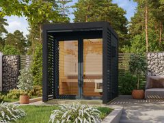 Buiten sauna / saunahuis Bugnara 01 / antraciet / 38 mm wand dikte / 191 x 276 x 232 cm / platdak / metalen frame: Antraciet / incl. lamellenwanden als privacyscherm