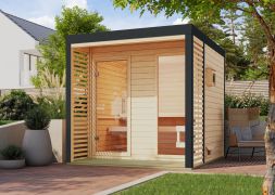 Buiten sauna / saunahuis Bugnara 02 / Noordse spar / Metalen frame: Antraciet / Incl. lamellenwanden als privacyscherm / 38 mm wand dikte / 231 x 276 x 232 cm / 2 ligstoelen