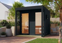 Buiten sauna / saunahuis Bugnara 02 / antraciet / metalen frame: Antraciet / incl. lamellenwanden als privacyscherm / 38 mm wand dikte / 231 x 276 x 232 cm / 2 ligstoelen