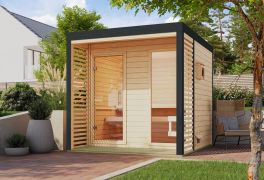 Buiten sauna / saunahuis Bugnara 02 / Noordse spar / metaal: antraciet / lamellenwanden als privacyscherm / 38 mm wand dikte / 231 x 276 x 232 cm / 9 kW kachel met bedieningseenheid