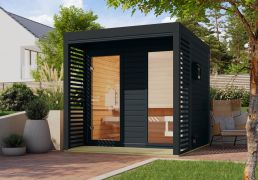 Buiten sauna / saunahuis Bugnara 02 / antraciet / metaal: antraciet / lamellenwanden als privacyscherm / 38 mm wand dikte / 231 x 276 x 232 cm / 9 kW kachel met bedieningseenheid
