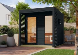 Buiten sauna / saunahuis Bugnara 02 / antraciet / metaal: antraciet / 9 kW biokachel met bedieningseenheid / 38 mm wand dikte / 231 x 276 x 232 cm / lattenwanden