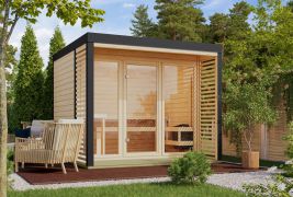 Buiten sauna / saunahuis Bugnara 03 / Noordse spar / 38 mm wand dikte / Metalen frame: Antraciet / 276 x 276 x 232 cm / Lamellenwanden als privacyscherm / 3 espen banken
