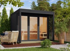 Buiten sauna / saunahuis Bugnara 03 / antraciet / 38 mm wand dikte / metalen frame: Antraciet / 276 x 276 x 232 cm / Lamellenwanden als privacyscherm / 3 espen banken