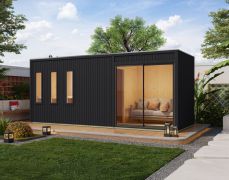 Saunahuis / buiten sauna Spinazzo / 73 mm wand dikte / zwart / 2 ligstoelen / 573,5 x 216,5 x 244 cm / helder glazen deur / incl. aluminium schuifdeur / platdak