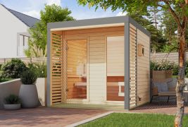 Buiten sauna / saunahuis Bugnara 02 / Noordse spar / Metalen frame: Grijs / incl. lamellenwanden als privacyscherm / 38 mm wand dikte / 231 x 276 x 232 cm / 2 ligstoelen