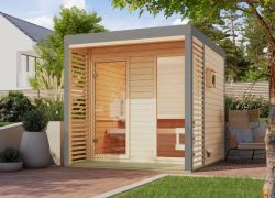 Buiten sauna / saunahuis Bugnara 02 / Noordse spar / metaal: grijs / lamellenwanden als privacyscherm / 38 mm wand dikte / 231 x 276 x 232 cm / 9 kW kachel met bedieningseenheid