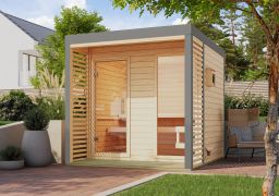 Buiten sauna / saunahuis Bugnara 02 / Noordse spar / metaal: grijs / 9 kW biokachel met bedieningseenheid / 38 mm wand dikte / 231 x 276 x 232 cm / lamellenwanden als privacyscherm