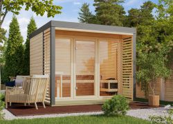 Buiten sauna / saunahuis Bugnara 03 / Noordse spar / 38 mm wand dikte / Metalen frame: Grijs / 276 x 276 x 232 cm / Lamellenwanden als privacyscherm / 3 espen banken