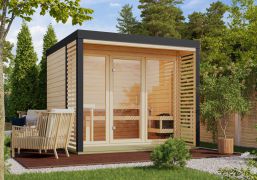 Buiten sauna / saunahuis Bugnara 03 / Noordse spar / 38 mm wand dikte / Metalen frame: Antraciet / 276 x 276 x 232 cm / 9 kW kachel met bedieningseenheid / 3 espen banken
