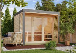 Buiten sauna / saunahuis Bugnara 03 / Noordse spar / 38 mm wand dikte / Metalen frame: Grijs / 276 x 276 x 232 cm / 9 kW biokachel met bedieningseenheid / 3 espen banken