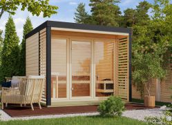 Buiten sauna / saunahuis Bugnara 03 / Noordse spar / 38 mm wand dikte / Metalen frame: Antraciet / 276 x 276 x 232 cm / 9 kW biokachel met bedieningseenheid / 3 espen banken