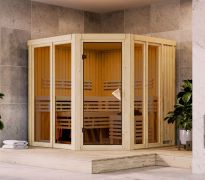 Sauna Laurino / 68 mm wand dikte / Noordse spar / 196 x 196 x 198 cm / Superieure ligstoelen van massief espenhout / bronskleurige deur / hoofdsteun