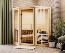 Sauna Tirreni / 38 mm wand dikte / incl. 9 kW kachel met geïntegreerde bedieningseenheid / Noordse spar / 159 x 159 x 210 cm / 2 Superieure ligstoelen / incl. hoofdsteun