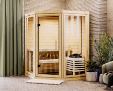 Sauna Tirreni / 38 mm wand dikte / incl. 9 kW kachel met bedieningseenheid / Noordse spar / 159 x 159 x 210 cm / 2 Superieure ligstoelen / met heldere glazen deur