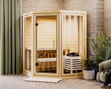 Sauna Tirreni / 38 mm wand dikte / incl. 9 kW biokachel met bedieningseenheid / Noordse spar / 159 x 159 x 210 cm / 2 Superieure ligstoelen / met heldere glazen deur