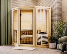 Sauna Tirreni / 38 mm wand dikte / Noordse spar / 159 x 159 x 210 cm / 2 Superieure ligstoelen / met deur van transparant glas / incl. hoofdsteun / steek-in schroefsysteem