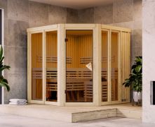 Sauna Laurino / 68 mm wand dikte / Noordse spar / 9 kW kachel met geïntegreerde bedieningseenheid / 196 x 196 x 198 cm / Superieure ligstoelen van massief espenhout