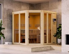Sauna Laurino / 68 mm wand dikte / Noordse spar / 9 kW verwarming met externe bedieningseenheid / 196 x 196 x 198 cm / Superieure ligstoelen van massief espenhout