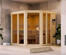 Sauna Laurino / 68 mm wand dikte / Noordse spar / 9 kW biokachel met externe bedieningseenheid / 196 x 196 x 198 cm / Superieure ligstoelen van massief espenhout