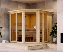 Sauna Laurino / 68 mm wand dikte / Noordse spar / 196 x 196 x 198 cm / 3 banken van espenhout / met bronskleurige deur / sierkrans en verlichting aan bovenzijde