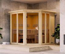 Sauna Laurino / 68 mm wand dikte / Noordse spar / 196 x 196 x 198 cm / incl. 9kW verwarming met geïntegreerde bedieningseenheid / decoratieve boven lijst en verlichting aan bovenzijde