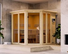 Sauna Laurino / 68 mm wand dikte / Noordse spar / 196 x 196 x 198 cm / 9kW verwarming met externe bedieningseenheid / incl. decoratieve kroon en verlichting aan bovenzijde.
