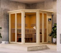 Sauna Laurino / 68 mm wand dikte / Noordse spar / 196 x 196 x 198 cm / 9kW biokachel met externe bedieningseenheid / Decoratieve boven lijst en verlichting aan bovenzijde