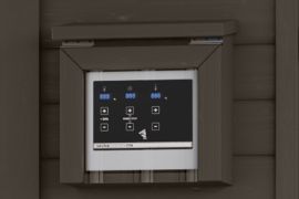 Sauna bescherming voor gebruik buiten / Beschermt tegen directe weersinvloeden / Terra grijs gelakt / Beschermingsbox voor de bedieningsunit