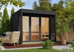 Buiten sauna / saunahuis Bugnara 03 / antraciet / 38 mm wand dikte / metalen frame: Antraciet / 276 x 276 x 232 cm / 9 kW biokachel met bedieningseenheid / 3 espen banken