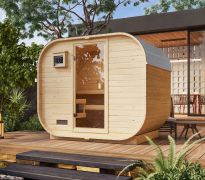 Saunahuis / buiten sauna Doglie / 38 mm wand dikte / Noordse spar / 3 banken / 243 x 175 x 205 cm / bronskleurige glasdeur / plug-in schroefsysteem / rond dak