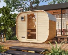 Doglie sauna / 38 mm wand dikte / Noordse spar / 9 kW biokachel met bedieningseenheid / 243 x 175 x 205 cm / bronskleurige glazen deur / steek-in schroefsysteem