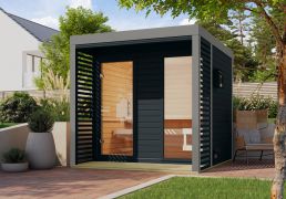 Buiten sauna / saunahuis Bugnara 02 / antraciet / metalen frame: Grijs / incl. lamellenwanden als privacyscherm / 38 mm wand dikte / 231 x 276 x 232 cm / 2 ligstoelen