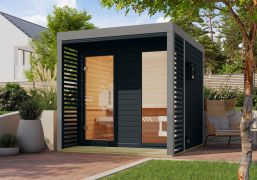 Buiten sauna / saunahuis Bugnara 02 / antraciet / metaal: grijs / 9 kW biokachel met bedieningseenheid / 38 mm wand dikte / 231 x 276 x 232 cm / lamellenwanden als privacyscherm