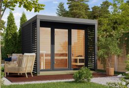 Buiten sauna / saunahuis Bugnara 03 / Antraciet / 38 mm wand dikte / Metalen frame: Grijs / 276 x 276 x 232 cm / Lamellenwanden als privacyscherm / 3 espen banken