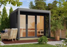 Buiten sauna / saunahuis Bugnara 03 / Antraciet / 38 mm wand dikte / Metalen frame: Grijs / 276 x 276 x 232 cm / 9 kW kachel met bedieningseenheid / 3 espen banken