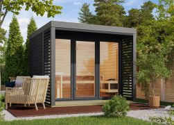 Buiten sauna / saunahuis Bugnara 03 / Antraciet / 38 mm wand dikte / Metalen frame: Grijs / 276 x 276 x 232 cm / 9 kW biokachel met bedieningseenheid / 3 espen banken