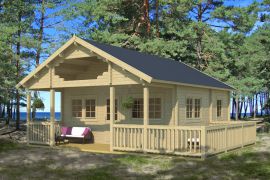 Vakantiehuis/tuinhuis met slaapzolder & terras, gemaakt van Noorse spar, 70 mm blokhut profielplanken, grondoppervlakte: 55,3 m², buitenafmetingen: 595 x 595 cm, zadeldak