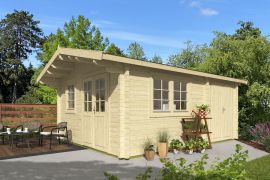Tuinhuis / berging van 70 mm blokhut, gemaakt van Noorse spar, grondoppervlakte: 21,84 m², buitenafmetingen: 420 x 520 cm, ramen en deur van isolatieglas, zadeldak