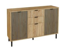 Dressoir met drie deuren Luanco 04, kleur: Oak Gold Craft, geribbelde voorkant, twee laden, afmetingen: 88 x 130,5 x 40,5 cm, vijf compartimenten, ABS randbescherming