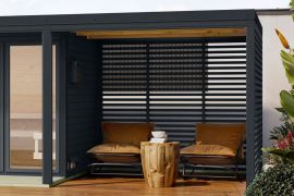 Houten aanbouwdak voor buiten sauna Bugnara / incl. lattenwanden / antraciet / metalen frame: Antraciet / 169 x 276 x 232 cm / Uitbreiding voor uw wellnessruimte