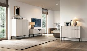 Complete woonkamer-set T Worthing, 4-delig, kleur: kasjmier, ABS-randen, handgrepen: goud, poten: zwart, twee ladekasten / commodes, een TV-onderkast, een salontafel