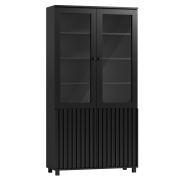 Vitrinekast in zwart, 200 x 106 x 40 cm, met 2 deuren met glas en 2 houten deuren, 12 vakken, metalen poten, ABS randen, elegant design, vierkante handgrepen