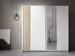 Schuifdeurenkast | Spiegel | Kleur: wit | Artisan eiken decorlamellen | Kledingkast | Maten: 200,5 x 62 x 198,5 cm | 1 kledingstang | 5 vakken