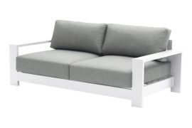Witte 3-zits buitenbank London met bekleding, stof: lichtgrijs, 2150 x 840 x 670 mm, bekleding 220 mm dik, bestand tegen chemicaliën en UV-straling, frame / ombouw van aluminium