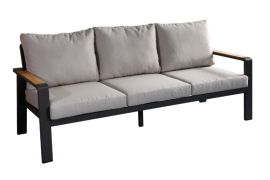Tuinlounge 3-zitsbank Lissabon van aluminium, kleur: antraciet, stof: lichtgrijs, armleuningen van weerbestendig composietmateriaal met houtlook, 100 mm dikke vulling – waterdicht