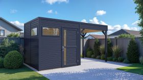 Moderne tuinberging / tuinhuis 02 incl. vloer en aanbouw dak, gereedschapsschuur in antraciet - 19 mm geprefabriceerd tuinhuisje, grondoppervlakte: 10,51 m², plat dak