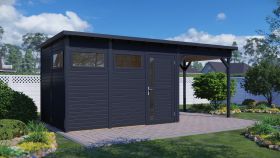 Tuinhuis / berging Kiel 03 met aanbouw dak, incl. vloer, gereedschap schuur in antraciet - 19 mm prefab / elementen tuinhuis, grondoppervlakte: 13,08 m², plat dak